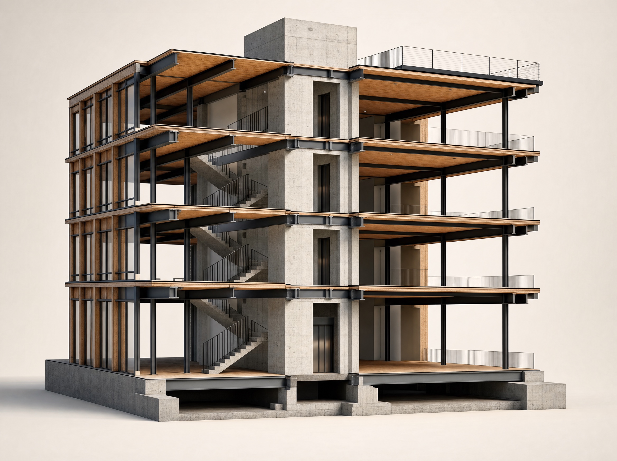 3D-Schnittmodell eines Hybridbaus aus Beton, Stahl und Holz