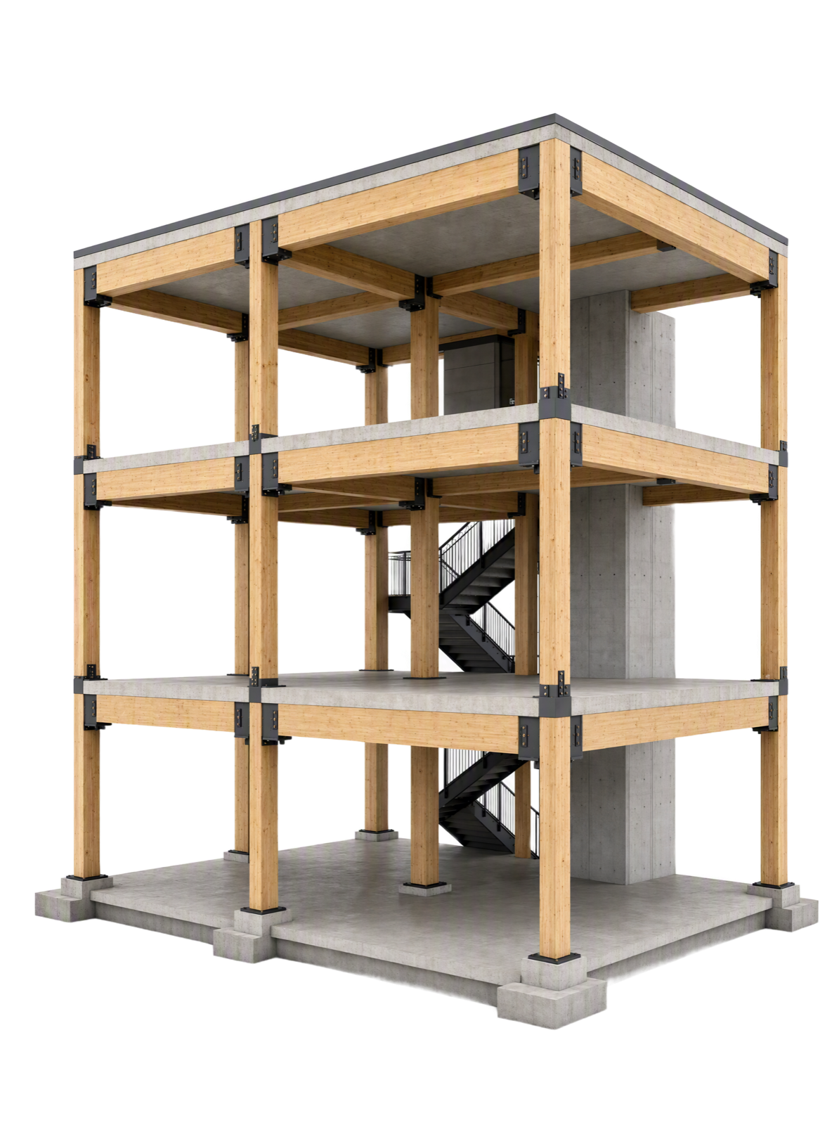 Freigestelltes 3D-Tragwerksmodell eines Hybridbaus aus Beton, Stahl und Holz